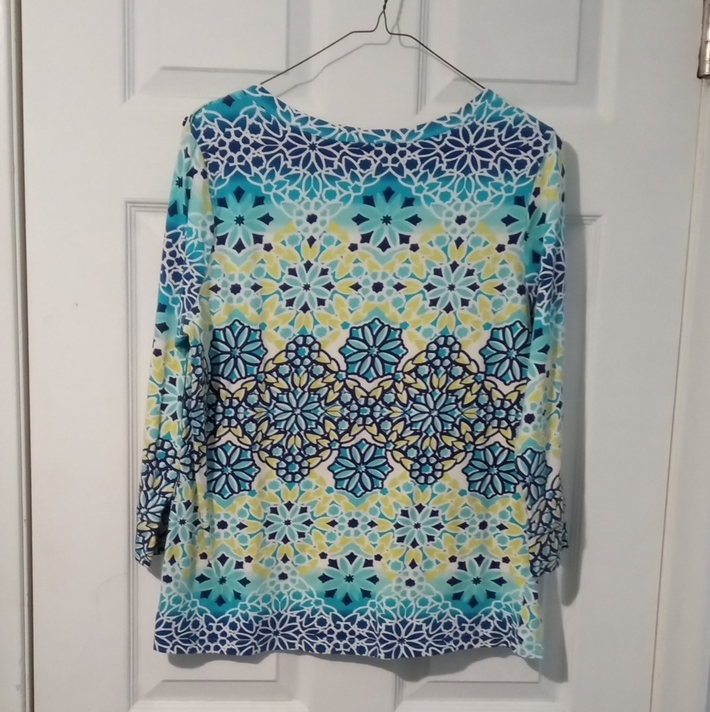 Caribbean Joe Teal and Yellow Geometric Long Sleeve Top - Picture 4 of 5